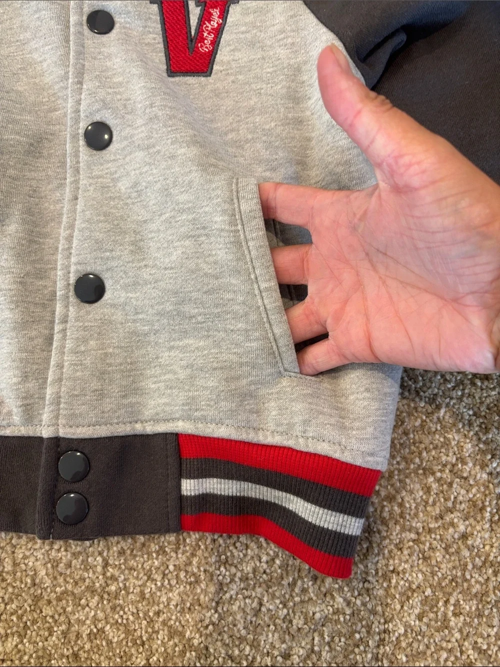 Kids Grey & Black Varsity-Style Jacket with Red Trim